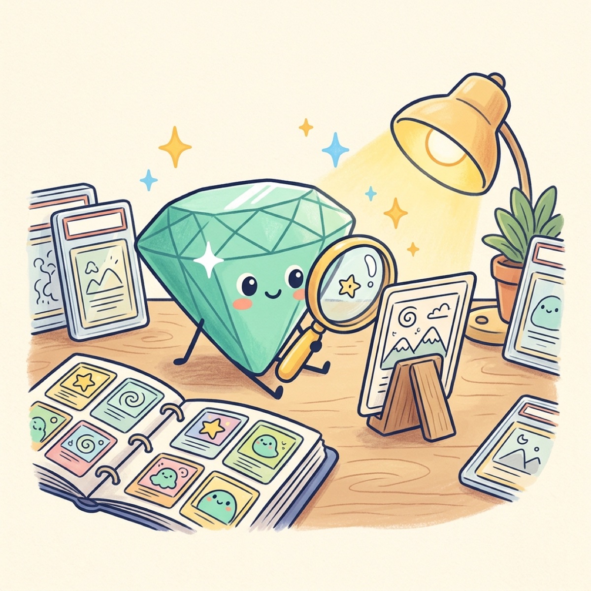 Minty the MintGrade mascot inspecting a trading card with a magnifying loupe on a cozy collector's desk
